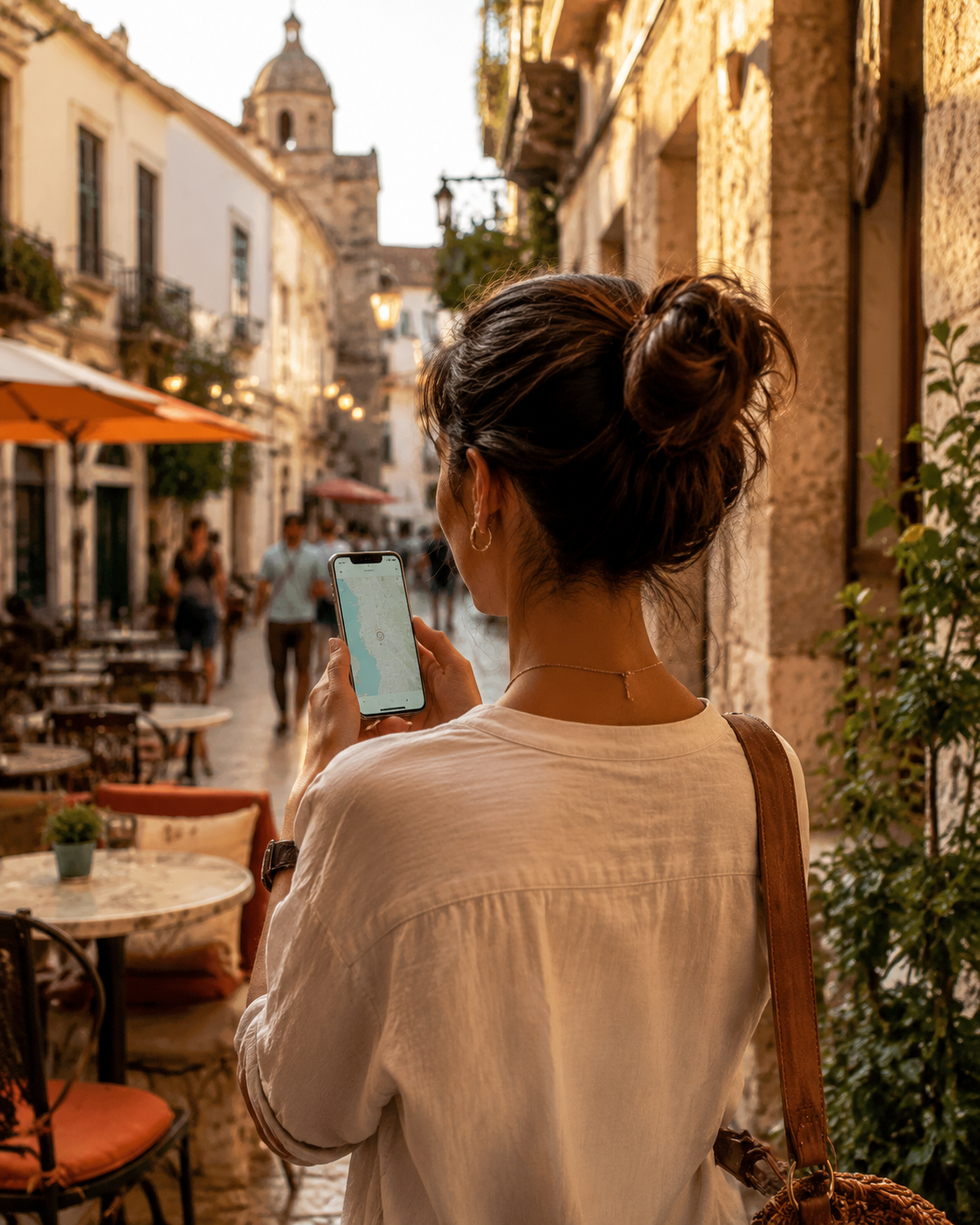 Frau navigiert mit dem Smartphone durch eine mediterrane Altstadt