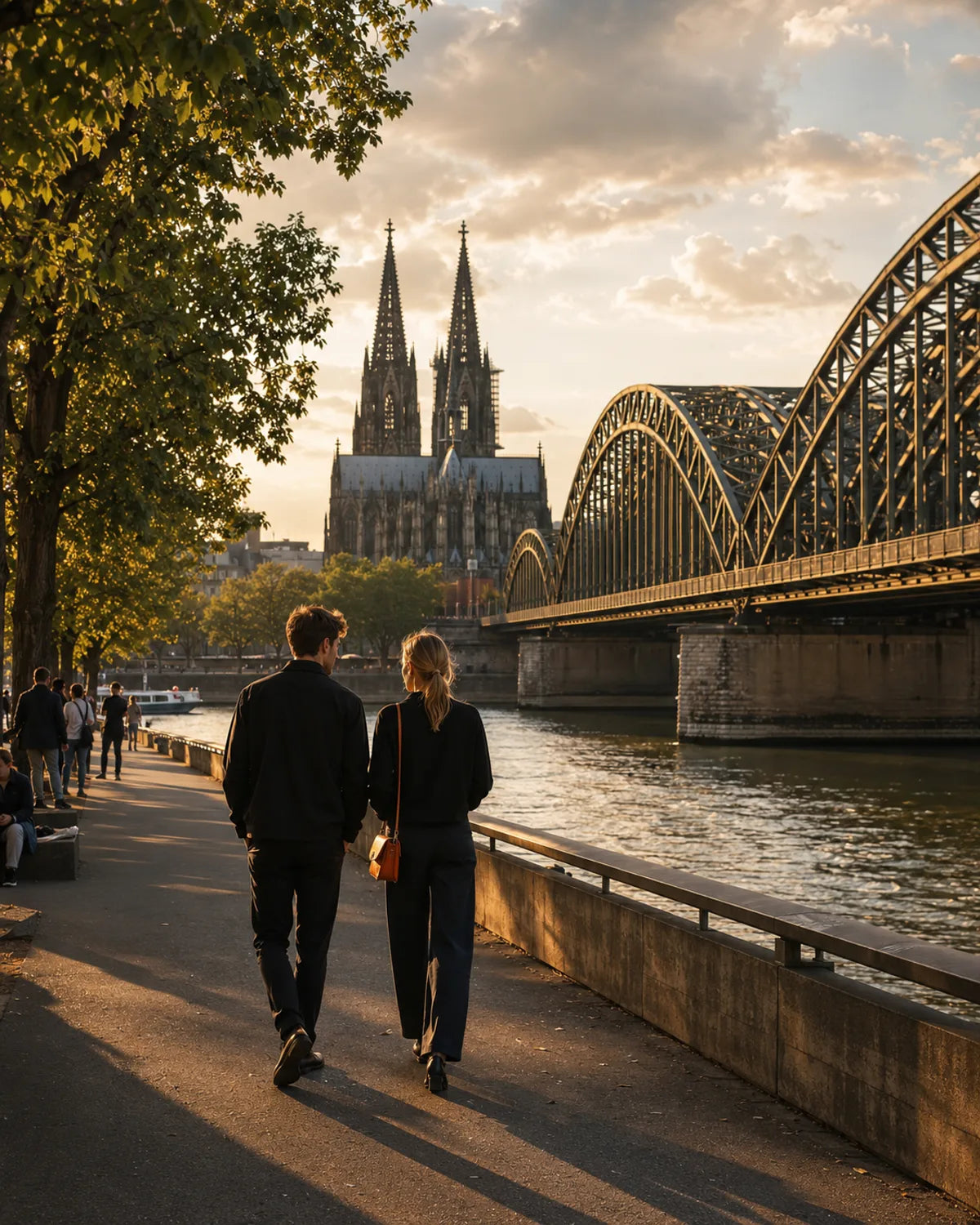 Köln am Rhein mit Dom und Hohenzollernbrücke bei Golden Hour
